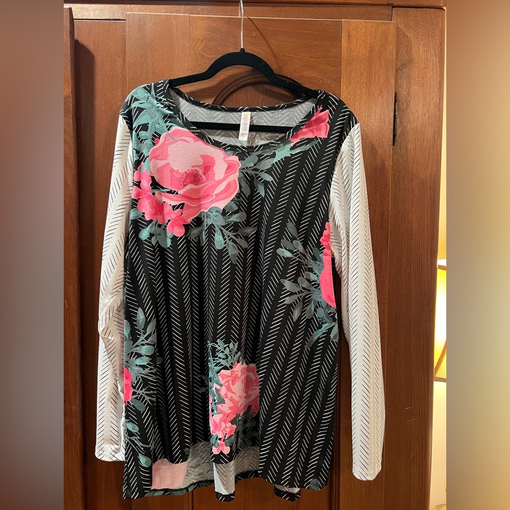 LuLaRoe Pink Floral and Black Striped Long Sleeve Top